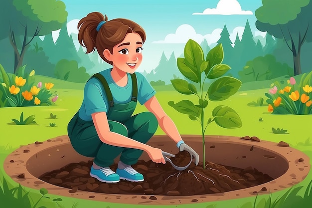 Садовница сажает почки деревьев в почвенную дыру.