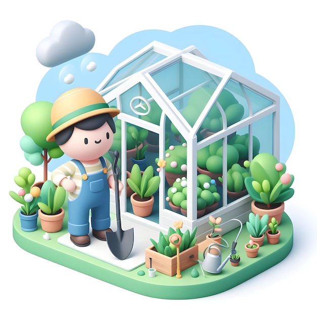 Gardener Greenhouse with Lush Plants and Gardening Equipment with isolated white background and cute