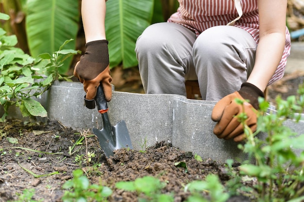 Gardener hand planting in backyard garden Woman in gloves using hand shovel tool for seedling Soil preparation for vegetable home garden