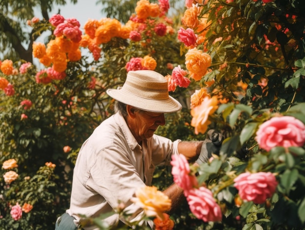 A gardener in a hat is trimming or pruning a rose bush Generative AI image