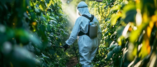 Gardener in a hazmat suit attends to plants at dusk