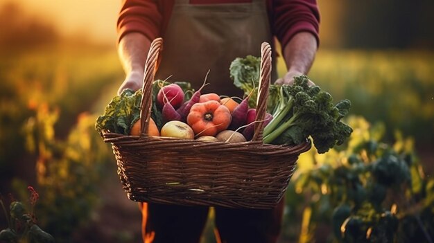 Садовник держит корзину с собранными овощами на фоне фермы Generative Ai