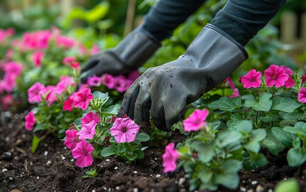 Gardener is planting flowers in garden