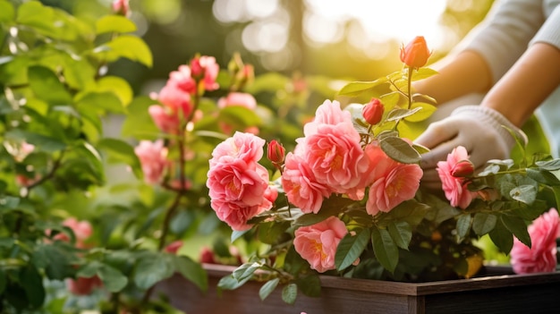 庭師が自宅の庭にピンクのバラを植えています