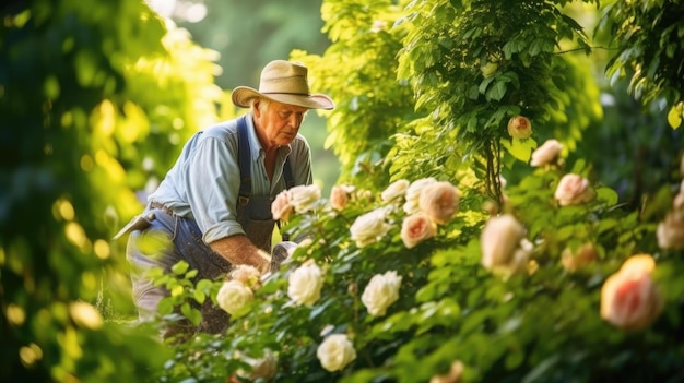 Premium Photo  A gardener is pruning roses in a lush garden