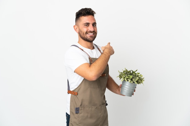 Gardener man holding a plant over isolated white pointing back