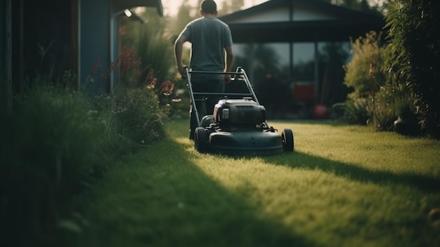 Gardener mowing the grass with a lawn mower Generative Ai