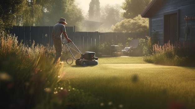 Gardener mowing the grass with a lawn mower Generative Ai