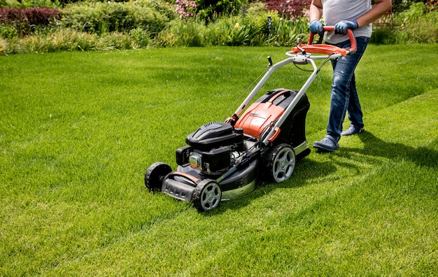 Gardener mowing the lawn.