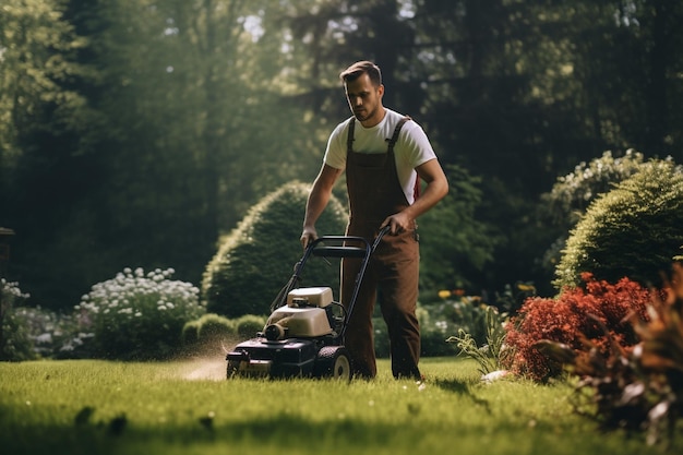 Gardener mowing the lawn