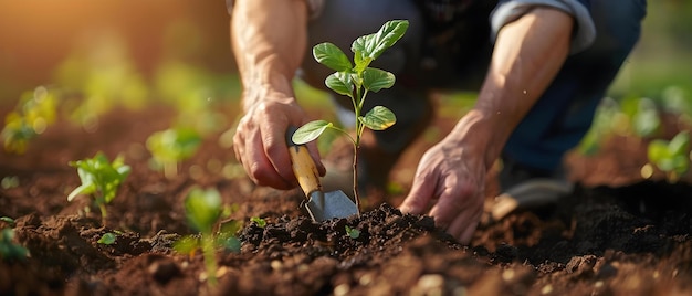 Photo gardener nurturing sapling in sunlit soil echoing sustainability concept gardening nurturing saplings sunlit soil sustainability echoing