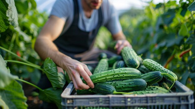 The gardener picks fresh cucumbers from the greenhouse and puts them into the wooden crate