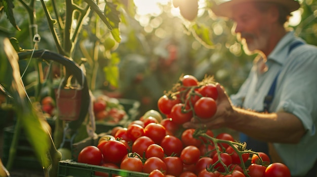 庭師は温室から熟したトマトを摘み,箱に入れる