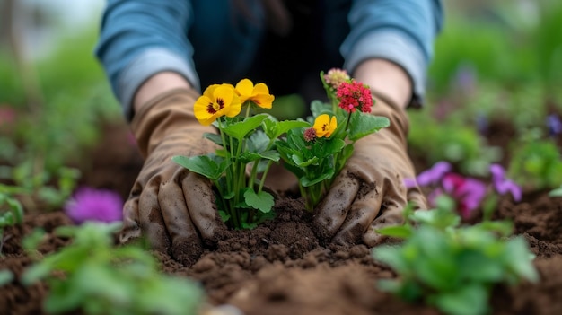 A gardener planting colorful flowers