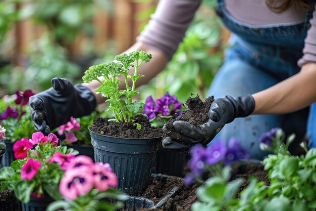 Фото Садовник сажает цветы в горшки