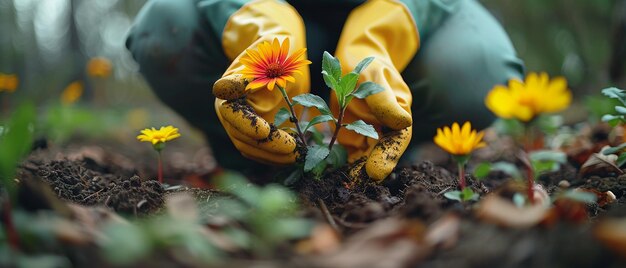 Photo gardener planting flowers