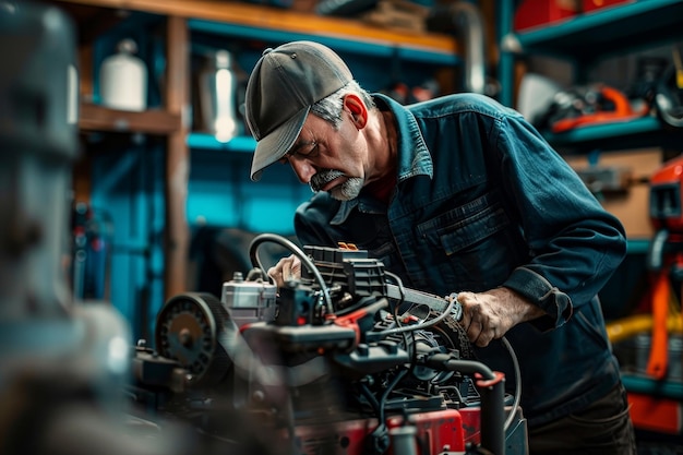 A gardener repairing a lawnmower highlighting lawn equipment repair expertise