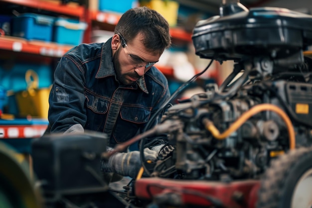 A gardener repairing a lawnmower highlighting lawn equipment repair expertise