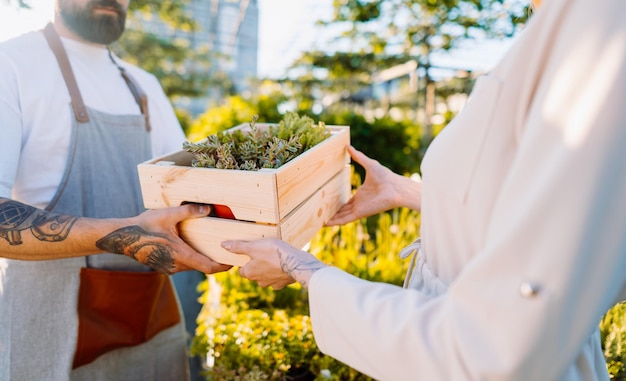 庭師は、顧客のeコマースオンライン注文コンセプト高品質の写真に植物の箱を販売しています