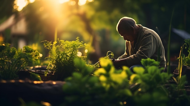 Gardener tending to plants in the soft morning light