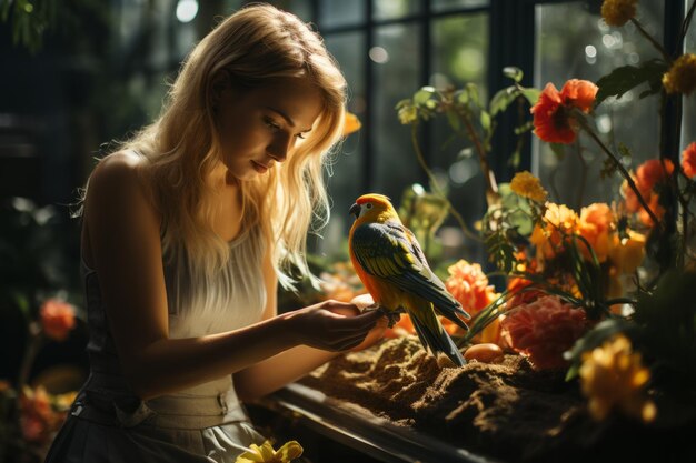 Gardener tending to their plants with their attentive bird Generative AI