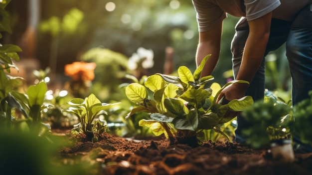 ガーデナーが茂る植物を育てる 美しいイラスト写真 生成的なAI