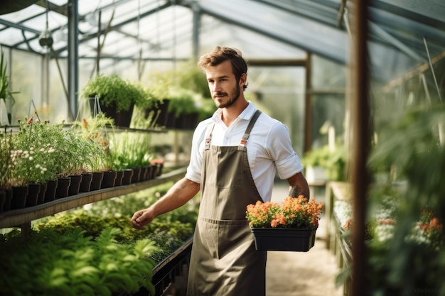 gardener with box walking in greenhouse