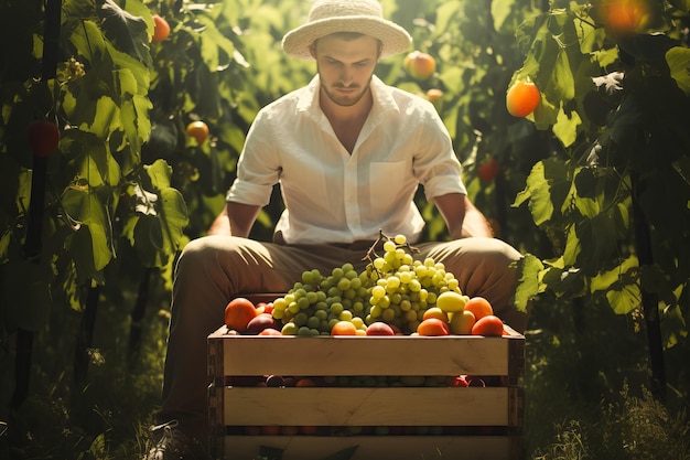 Foto giardiniere con una cassa di frutta estiva uva mele albicocche pesche concetto di raccolta