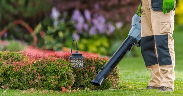 Giardiniere con soffiatore di foglie in mano che pulisce il giardino residenziale