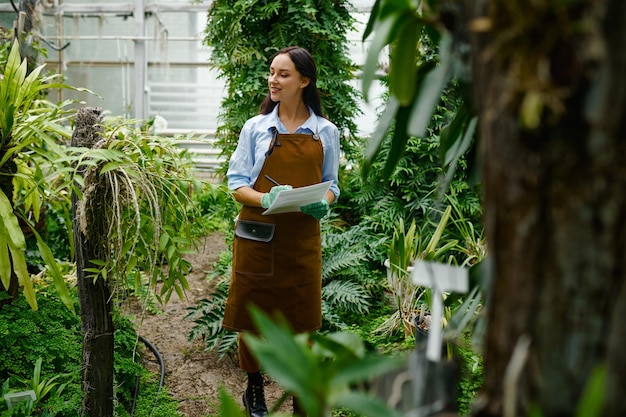 Gardener working in greenhouse growing tropical plants