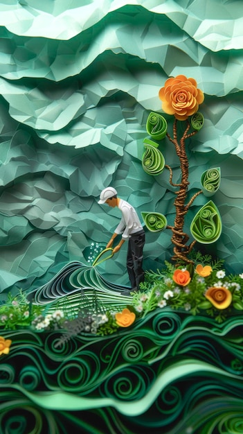 A gardener works in a garden made of paper paper cut and craft style