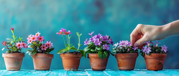 庭師 が テラコッタ の 鉢 に 活気 の ある 春 の 花 を 育て て 植え て いる