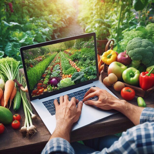 Gardeners a laptop computer vegetable and fruit garden background generative ai illustration art