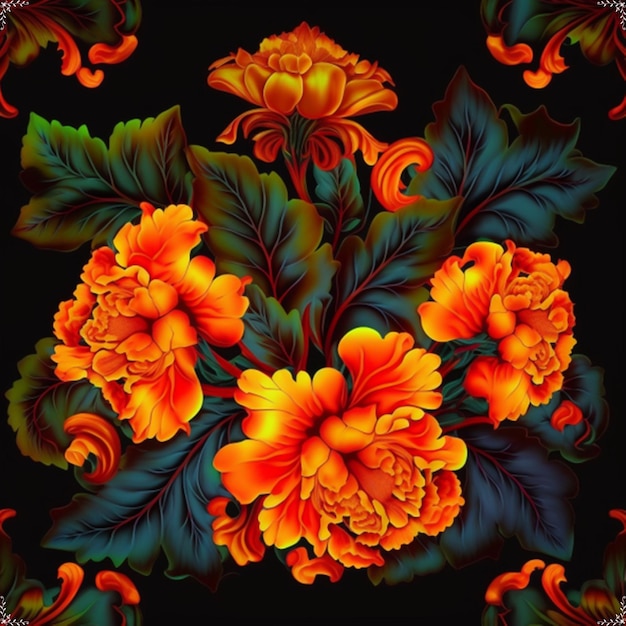 gardenia baroque floral orange,yellow and red