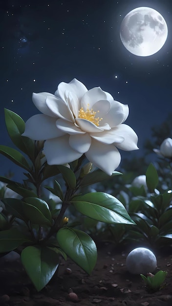 Цветок гардении с луной на заднем плане ночью