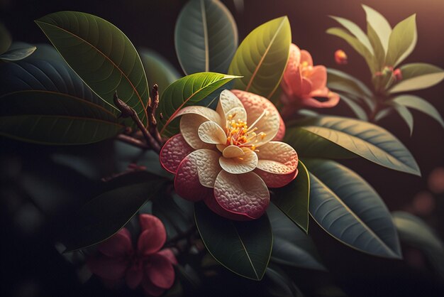 Gardenia Tree Branch with Crimson Glowing Flowers Blossom