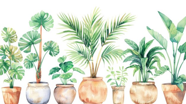 Gardening background botanical illustration of tropical palms in ceramic pots Green leaves Interior design