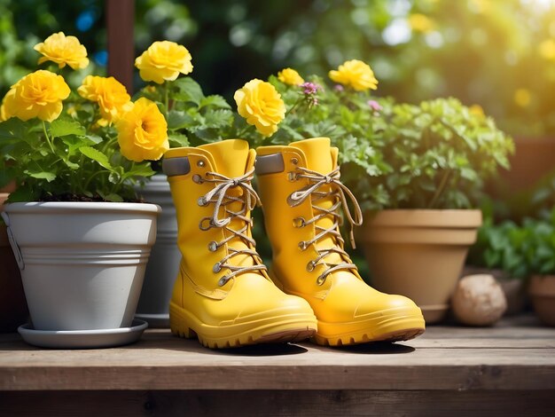 Photo gardening background with flower pots colorful flowers yellow rubber boots in sunny spring or