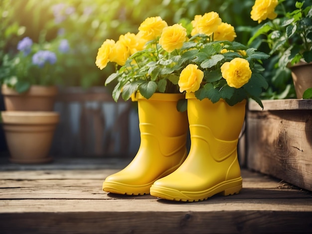 Photo gardening background with flower pots colorful flowers yellow rubber boots in sunny spring or