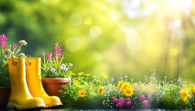 Gardening background with flowerpots yellow boots in sunny spring or summer garden