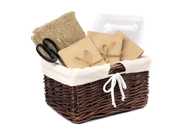 Gardening basket seeds in paper bags coconut coir and containers for growing microgreens at home