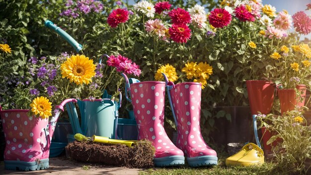 Gardening boots flower pots in the garden