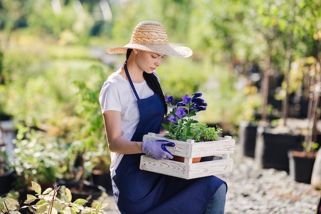 Gardening concept. Beautiful young woman gardener with flowers in wooden box.