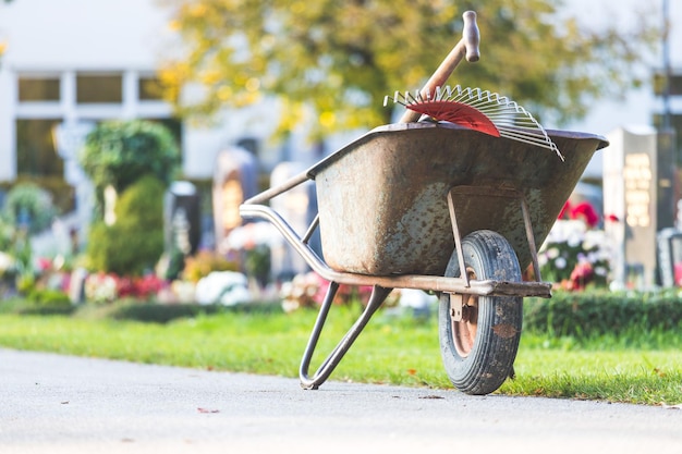 Gardening concept Close up of a wheelbarrow in a park