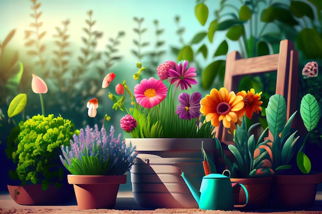 Gardening Concept Garden Flowers and Plants on a Sunny Background Generative Ai