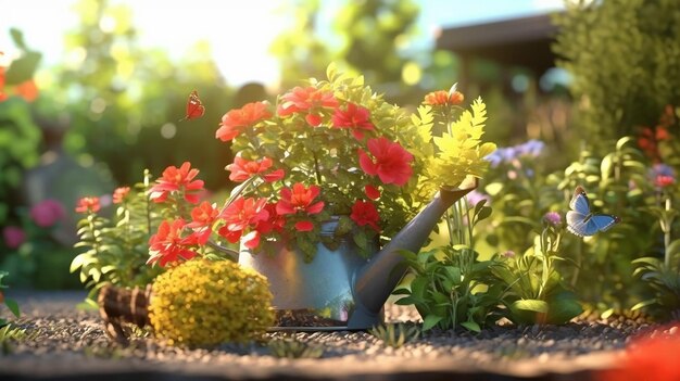 Photo gardening concept garden flowers and plants on a sunny background