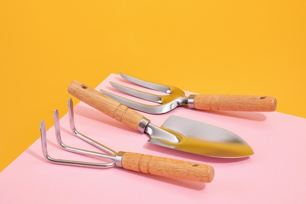 gardening concept garden shovel small rake and fork agricultural work