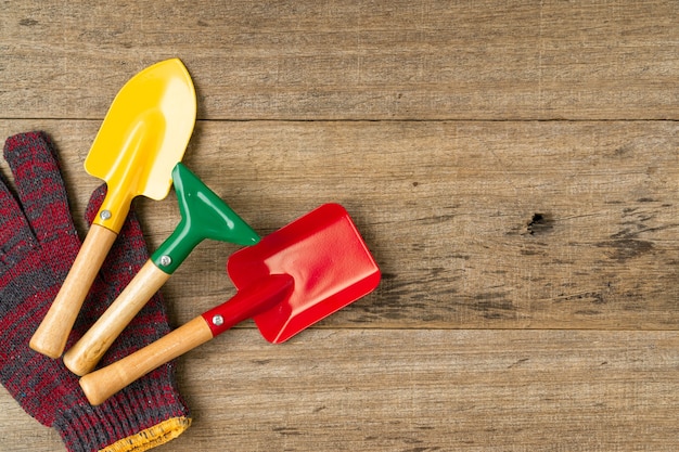 Gardening equipment on shabby wooden board.