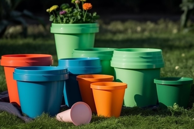 Gardening inventory with flowerpots on grass