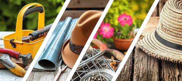 Photo gardening and landscaping collection of outdoor garden tools in a bright and stylish collage